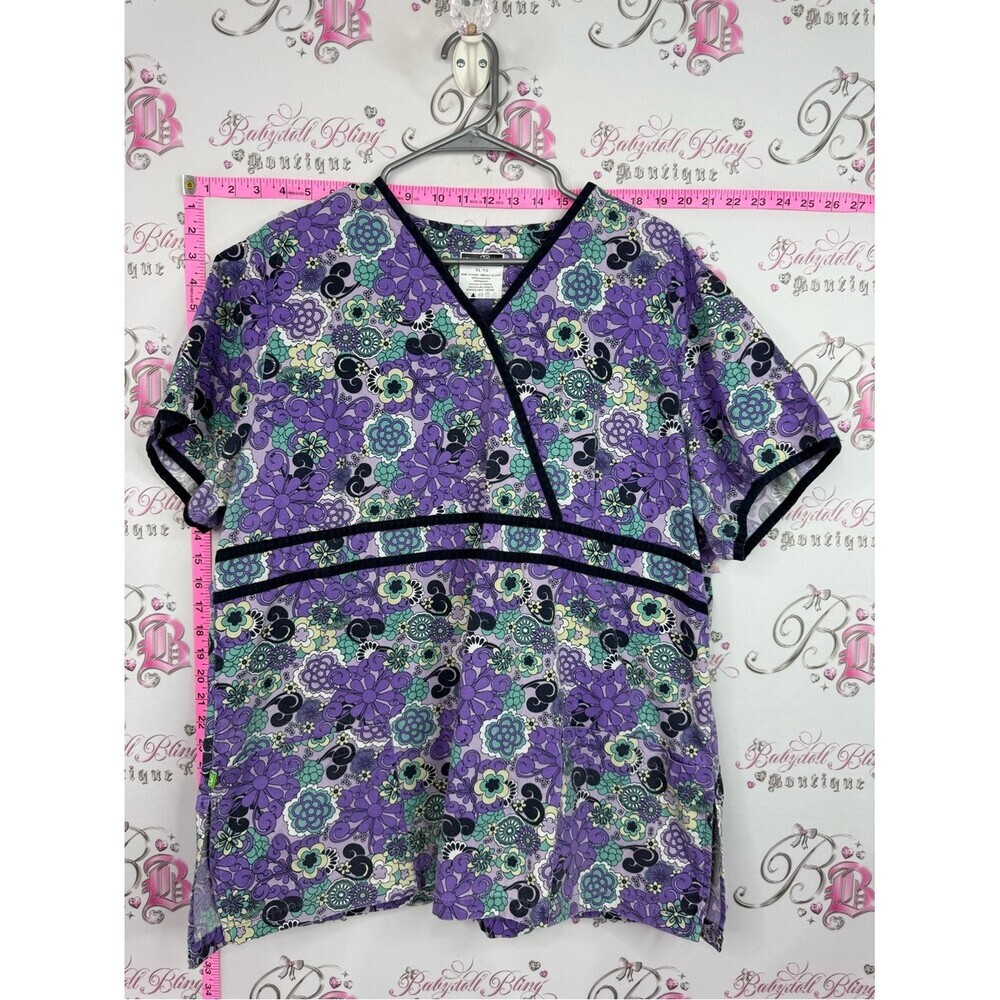 Health pro scrubs top flowers Purple Floral Scrub Top with Black Trim